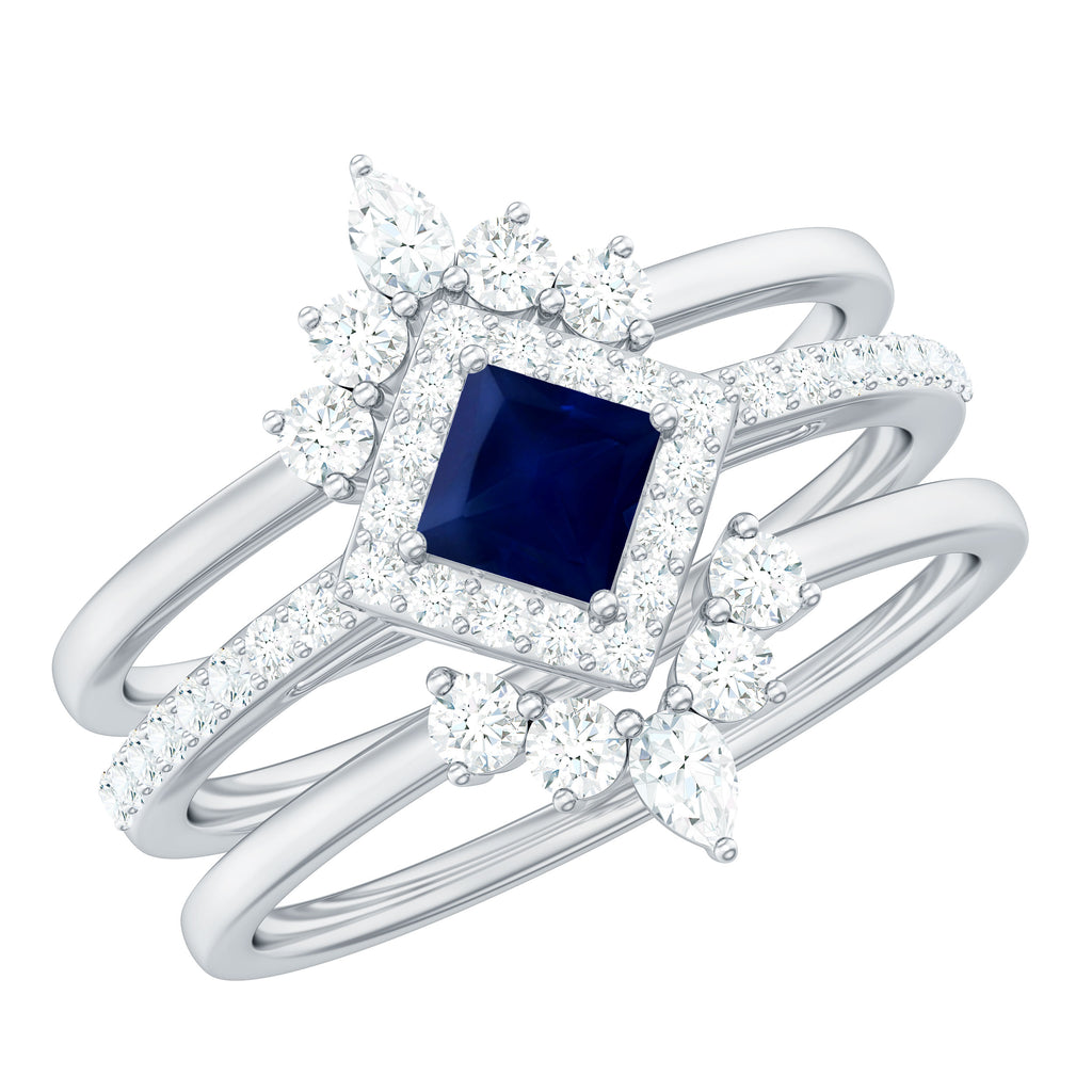 1.5 CT Princess Cut Blue Sapphire Bridal Ring Set with Moissanite Halo Blue Sapphire - ( AAA ) - Quality - Rosec Jewels