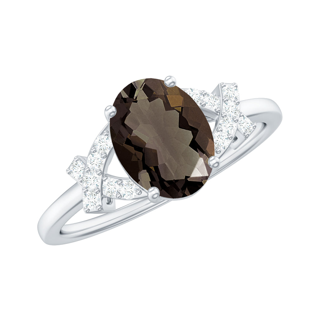 Solitaire Smoky Quartz Split Shank Ring with Diamond Smoky Quartz - ( AAA ) - Quality - Rosec Jewels