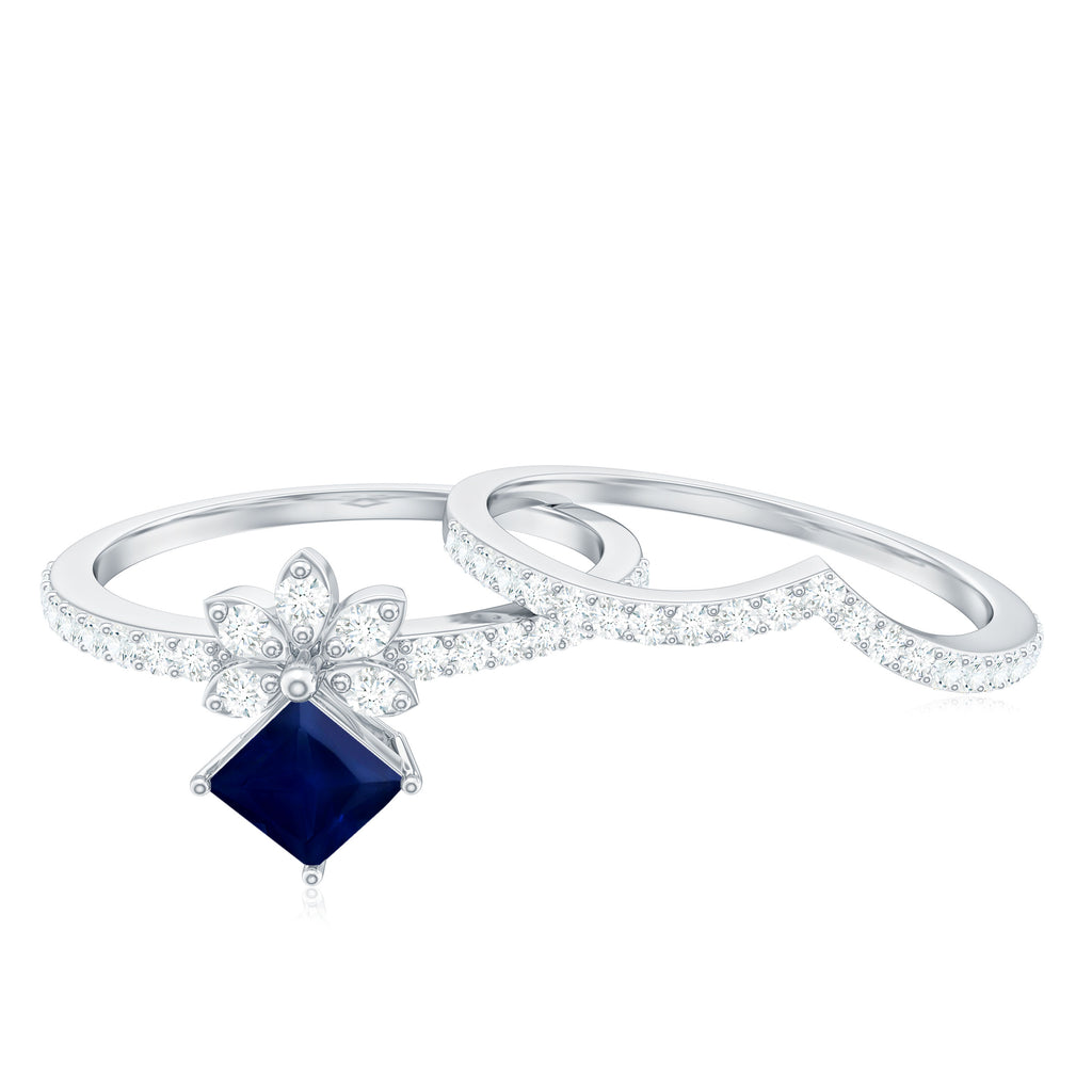 1.25 CT Princess Cut Solitaire Blue Sapphire and Diamond Designer Ring Set Blue Sapphire - ( AAA ) - Quality - Rosec Jewels