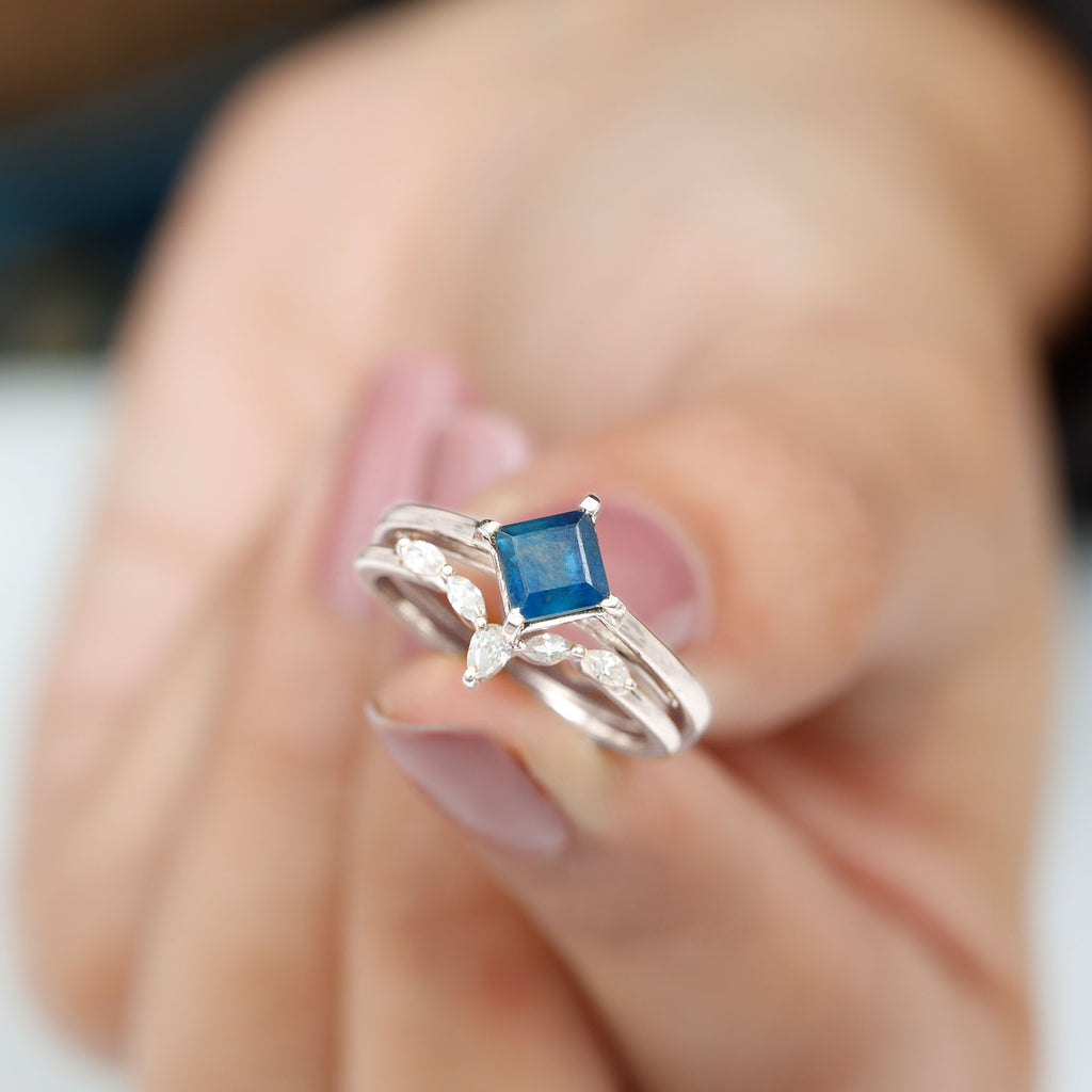 1.25 CT Princess Cut Created Blue Sapphire Solitaire Ring Set with Diamond Lab Created Blue Sapphire - ( AAAA ) - Quality - Rosec Jewels
