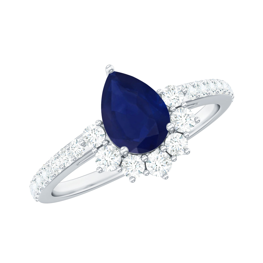 1.5 CT Blue Sapphire Teardrop Solitaire Ring with Diamond Accent Blue Sapphire - ( AAA ) - Quality - Rosec Jewels