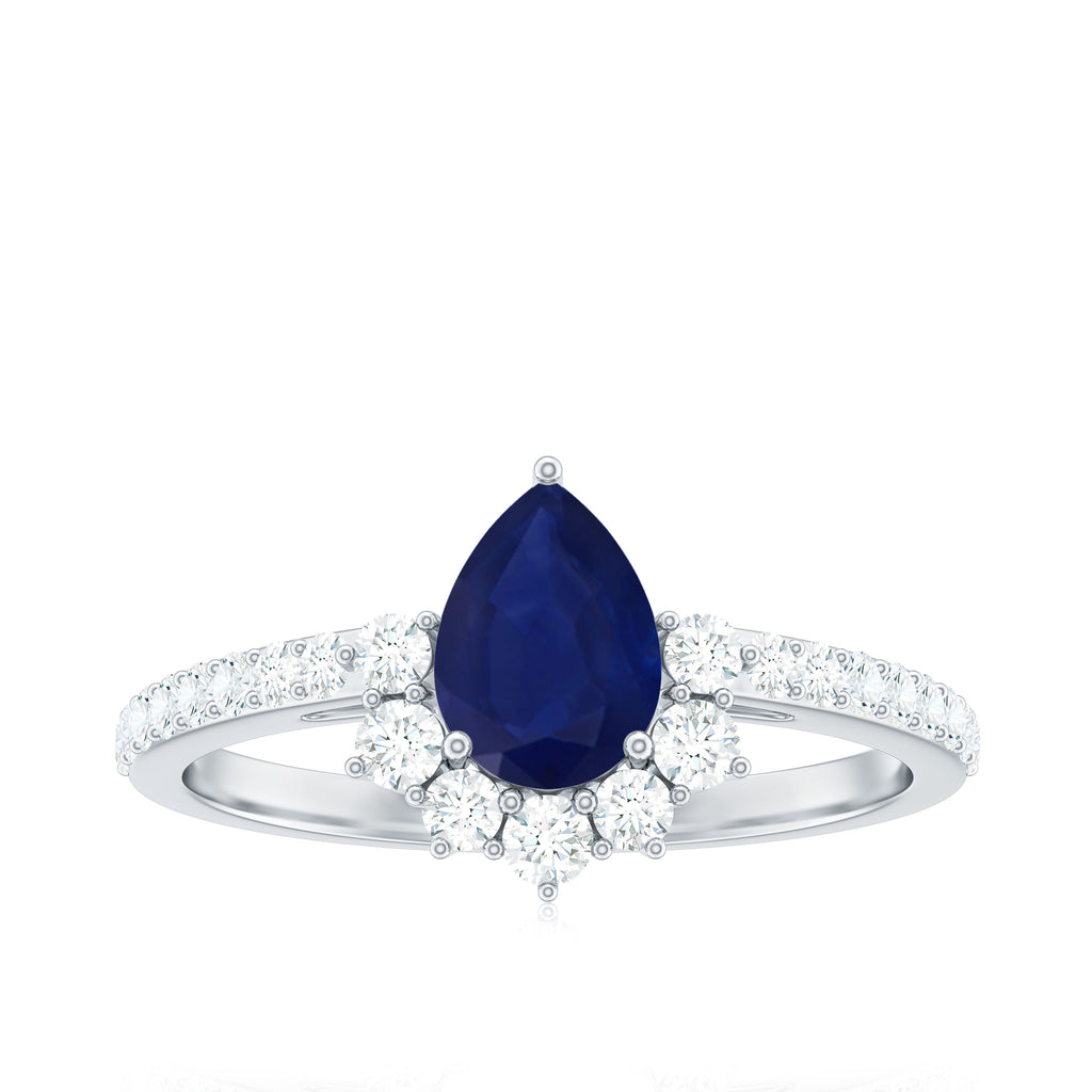 1.5 CT Blue Sapphire Teardrop Solitaire Ring with Diamond Accent Blue Sapphire - ( AAA ) - Quality - Rosec Jewels