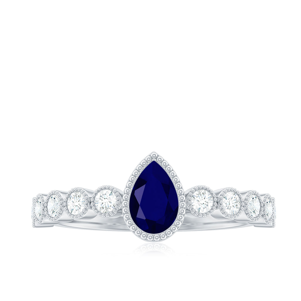 1.25 CT Pear Cut Blue Sapphire Solitaire Ring with Diamond Side Stones Blue Sapphire - ( AAA ) - Quality - Rosec Jewels