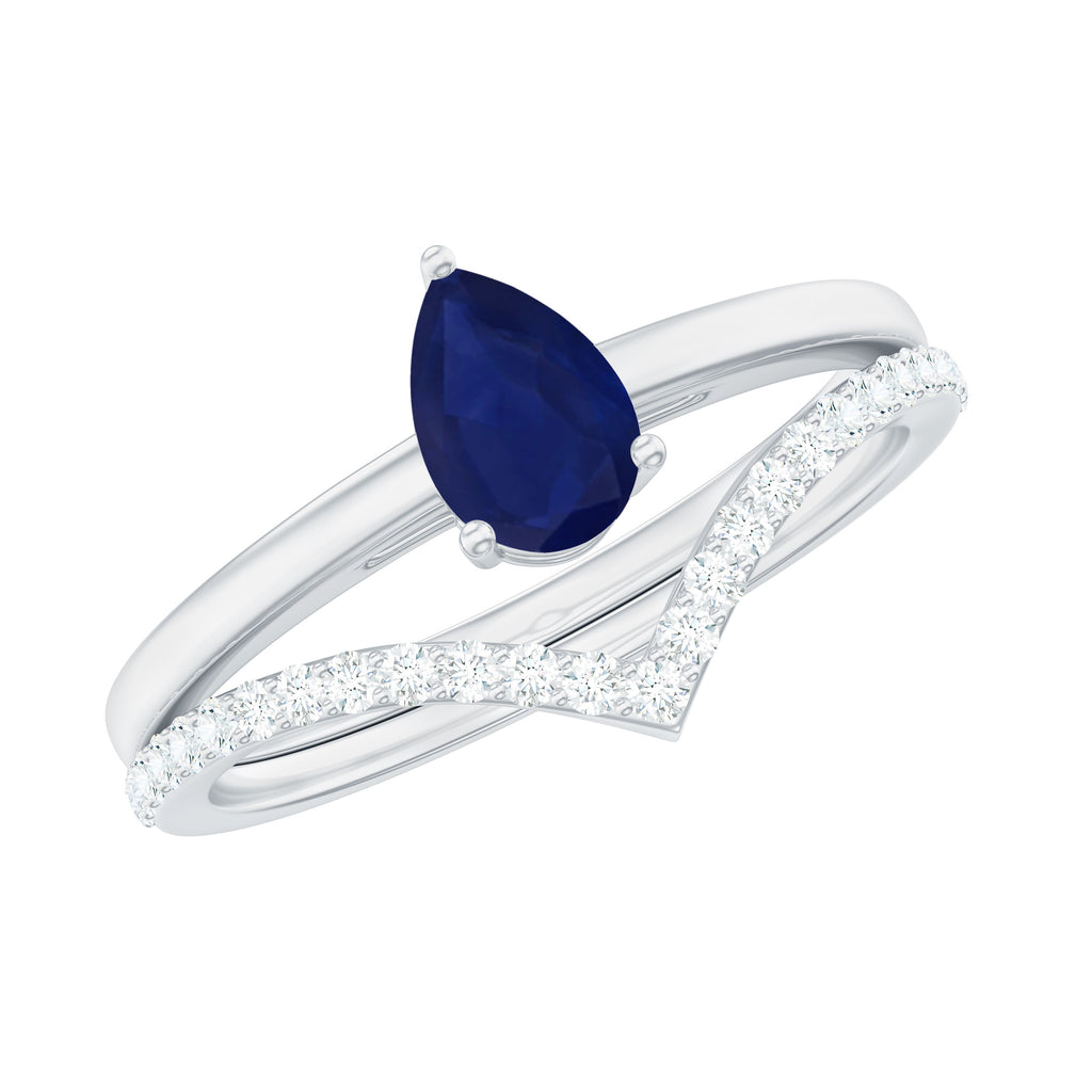 1 CT Pear Cut Blue Sapphire Solitaire Ring Set with Diamond Enhancer Band Blue Sapphire - ( AAA ) - Quality - Rosec Jewels