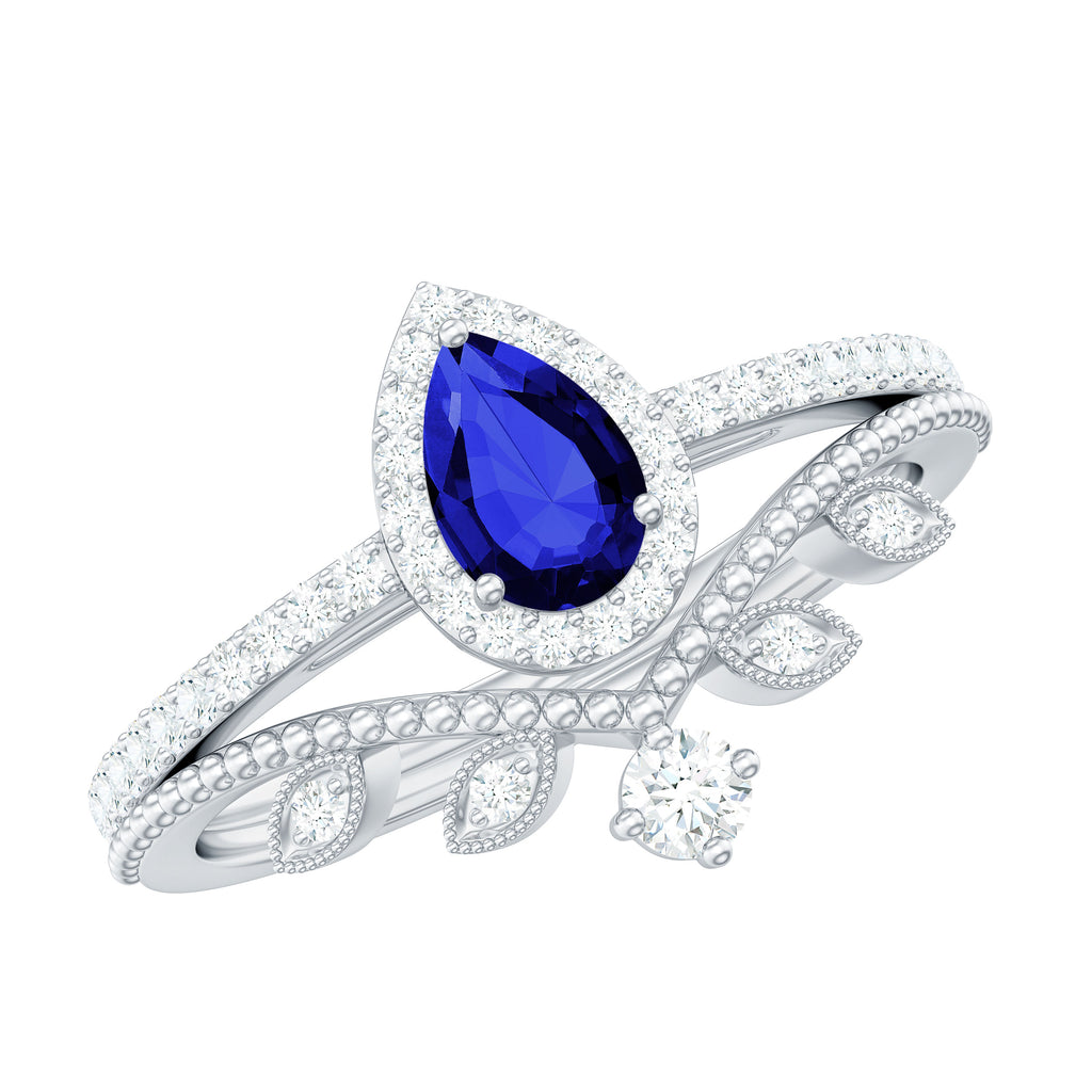 Created Blue Sapphire and Diamond Vintage Inspired Wedding Ring Set Lab Created Blue Sapphire - ( AAAA ) - Quality - Rosec Jewels