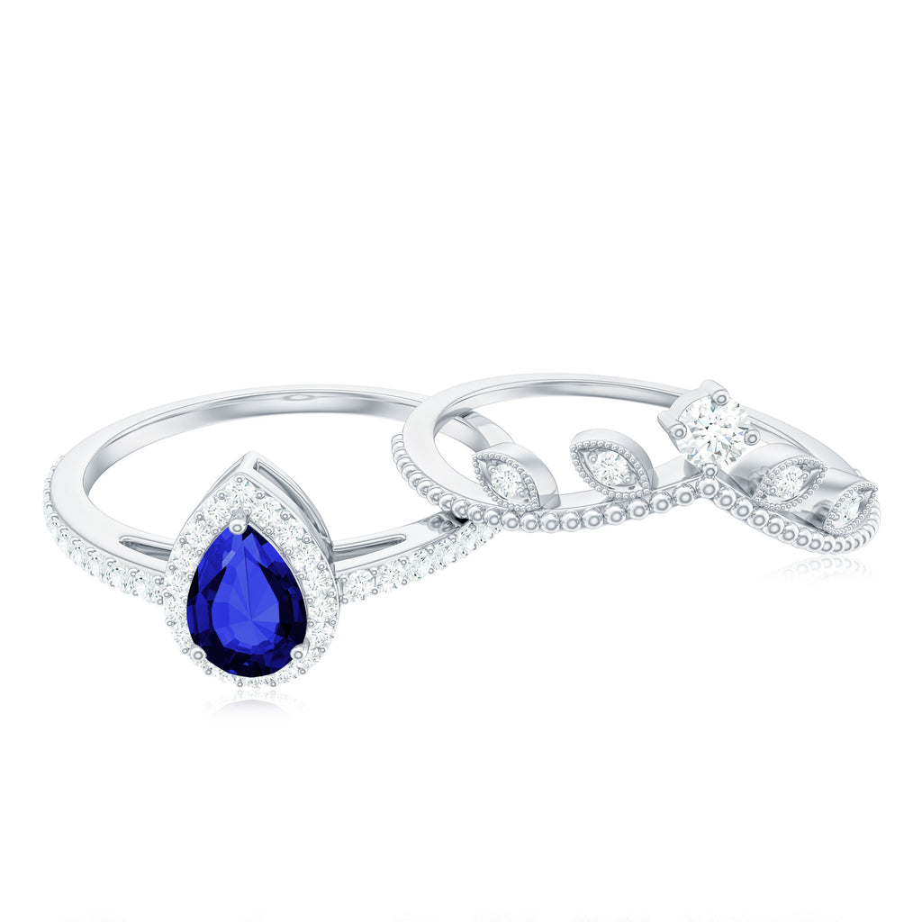 Created Blue Sapphire and Diamond Vintage Inspired Wedding Ring Set Lab Created Blue Sapphire - ( AAAA ) - Quality - Rosec Jewels
