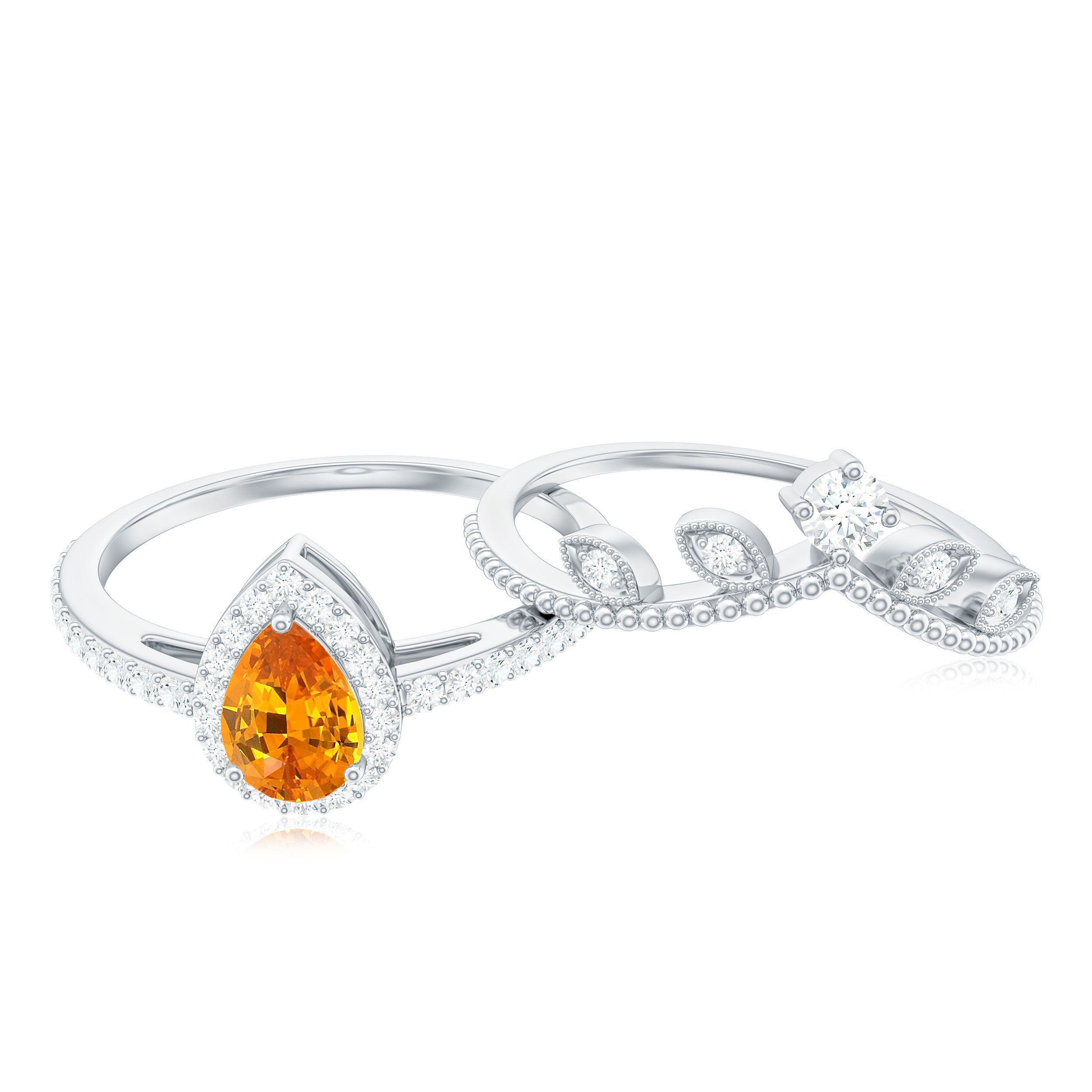 1 CT Created Orange Sapphire Vintage Teardrop Wedding Ring Set with Diamond Lab Created Orange Sapphire - ( AAAA ) - Quality - Rosec Jewels