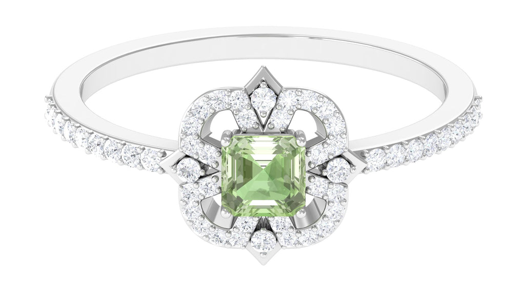 Asscher Cut Created Green Sapphire Statement Engagement Ring with Diamond Halo Lab Created Green Sapphire - ( AAAA ) - Quality - Rosec Jewels