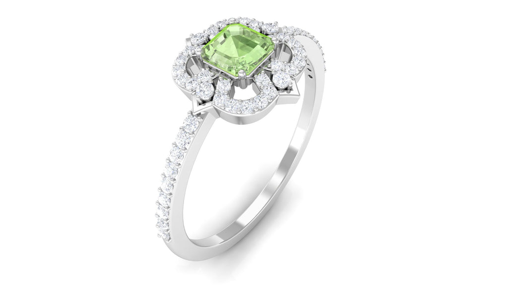 Asscher Cut Created Green Sapphire Statement Engagement Ring with Diamond Halo Lab Created Green Sapphire - ( AAAA ) - Quality - Rosec Jewels