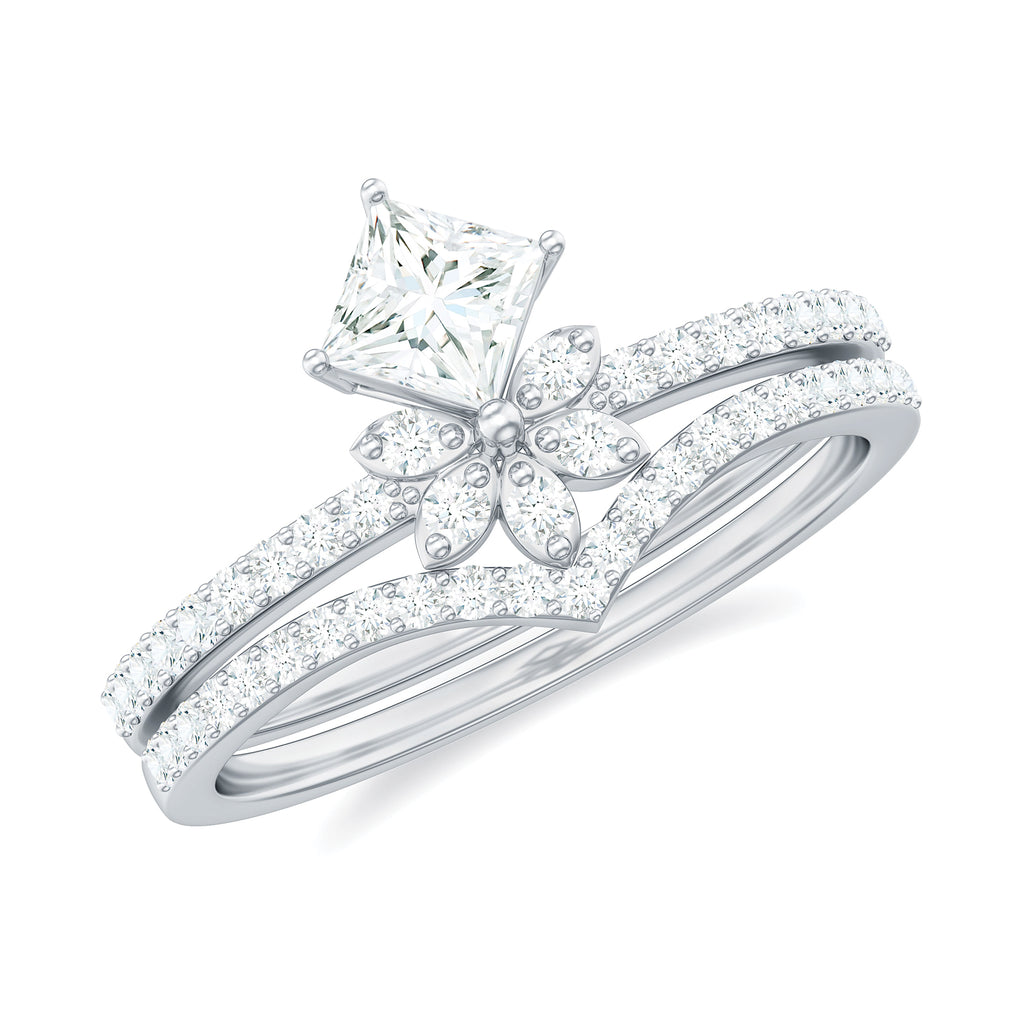 Princess Cut Certified Moissanite Flower Wedding Ring Set Moissanite - ( D-VS1 ) - Color and Clarity - Rosec Jewels