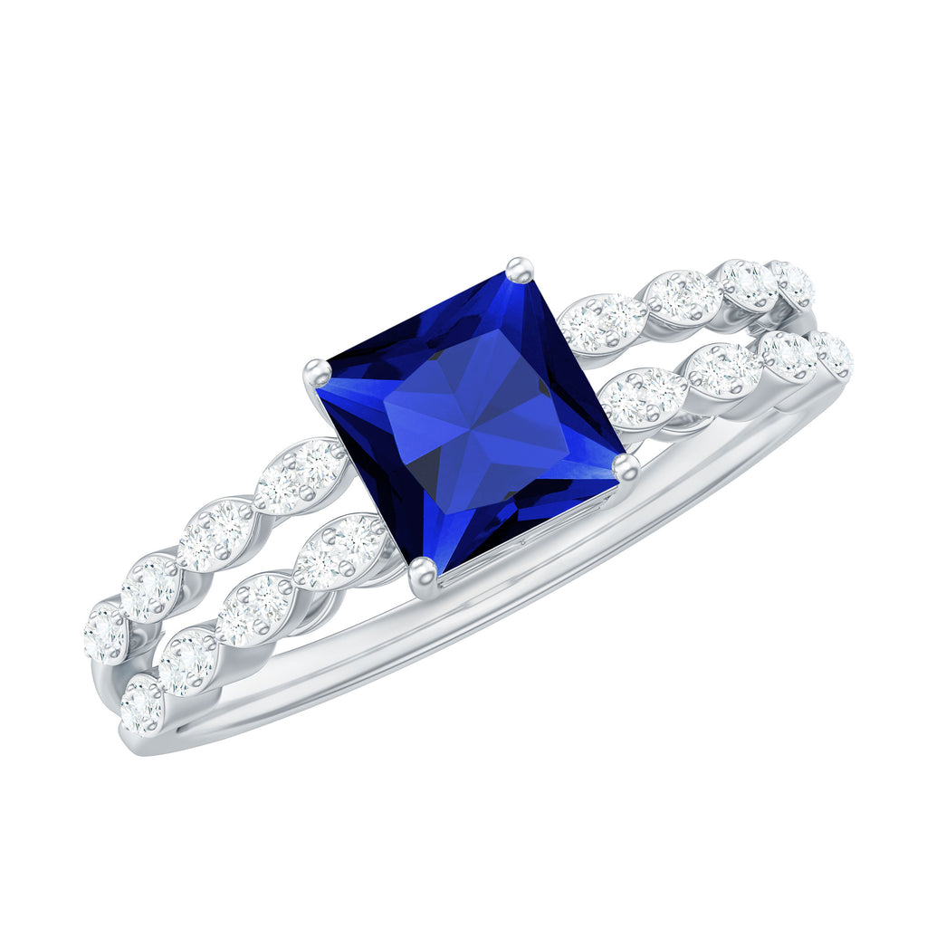 Princess Cut Created Blue Sapphire Double Band Engagement Ring with Diamond Lab Created Blue Sapphire - ( AAAA ) - Quality - Rosec Jewels