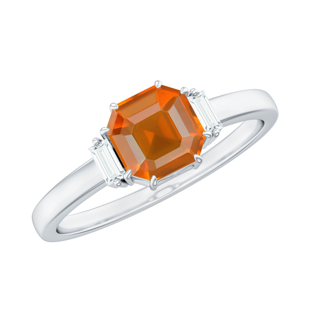Asscher Cut Solitaire Fire Opal Engagement Ring with Diamond Fire Opal - ( AAA ) - Quality - Rosec Jewels