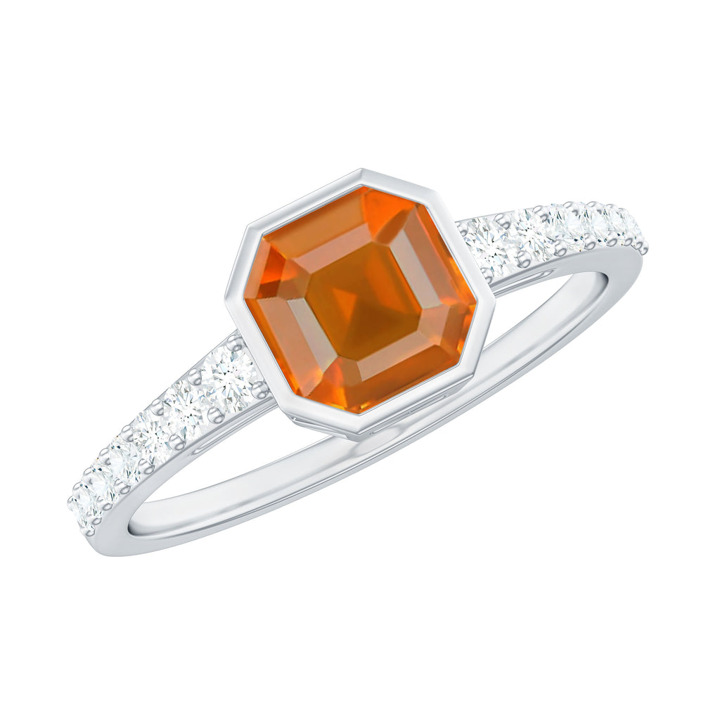 Asscher Fire Opal Solitaire Ring with Diamond Side Stones Fire Opal - ( AAA ) - Quality - Rosec Jewels