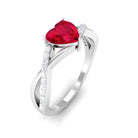 Heart Shape Created Ruby Crossover Ring with Diamond Lab Created Ruby - ( AAAA ) - Quality - Rosec Jewels