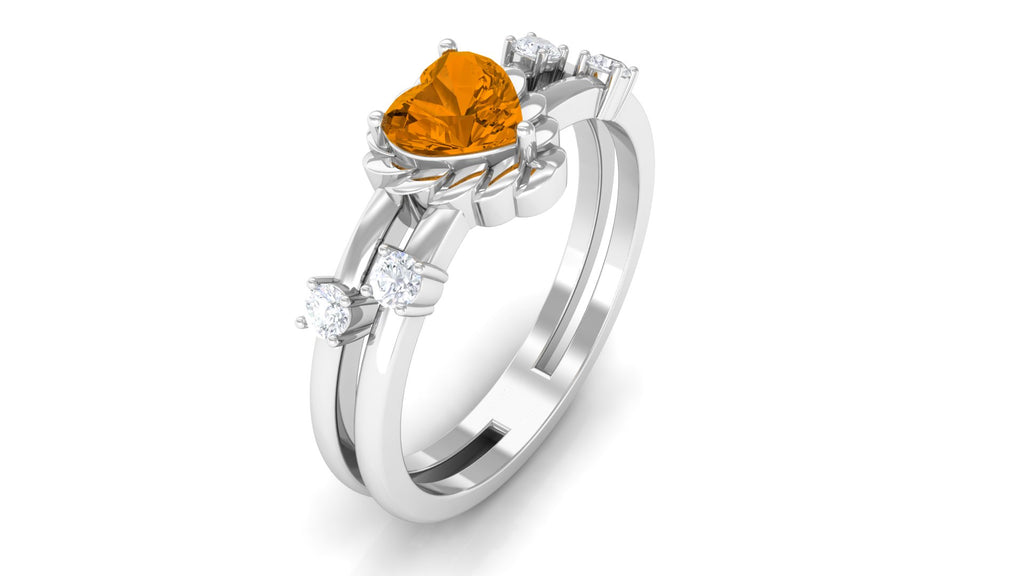 Heart Shape Citrine Solitaire Double Band Ring with Diamond Citrine - ( AAA ) - Quality - Rosec Jewels
