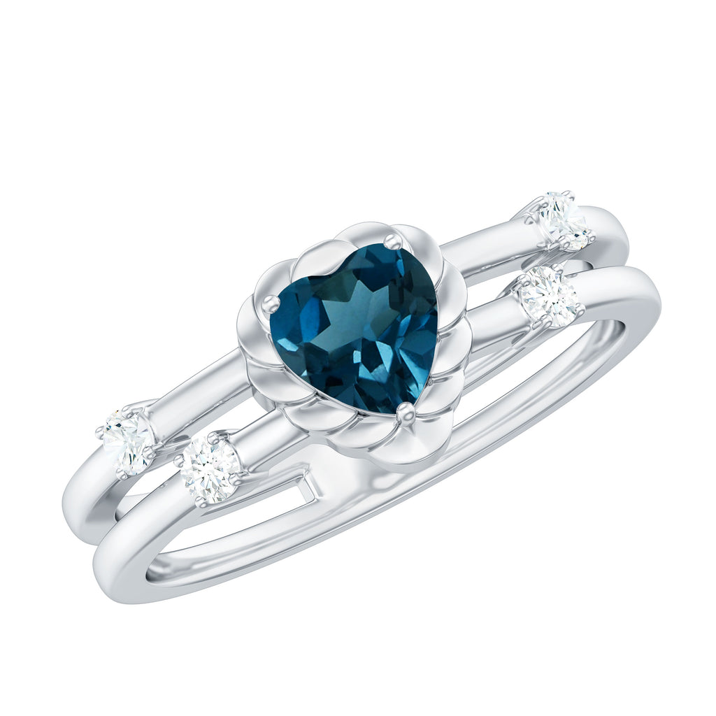 3/4 CT Heart Shape London Blue Topaz Double Band Ring with Diamond London Blue Topaz - ( AAA ) - Quality - Rosec Jewels