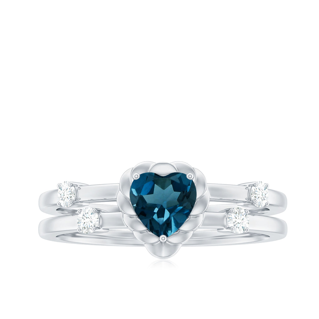 3/4 CT Heart Shape London Blue Topaz Double Band Ring with Diamond London Blue Topaz - ( AAA ) - Quality - Rosec Jewels