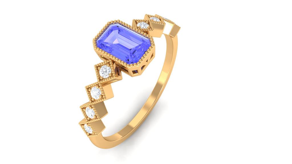 Emerald Cut Tanzanite Solitaire Ring with Side Stones Tanzanite - ( AAA ) - Quality - Rosec Jewels