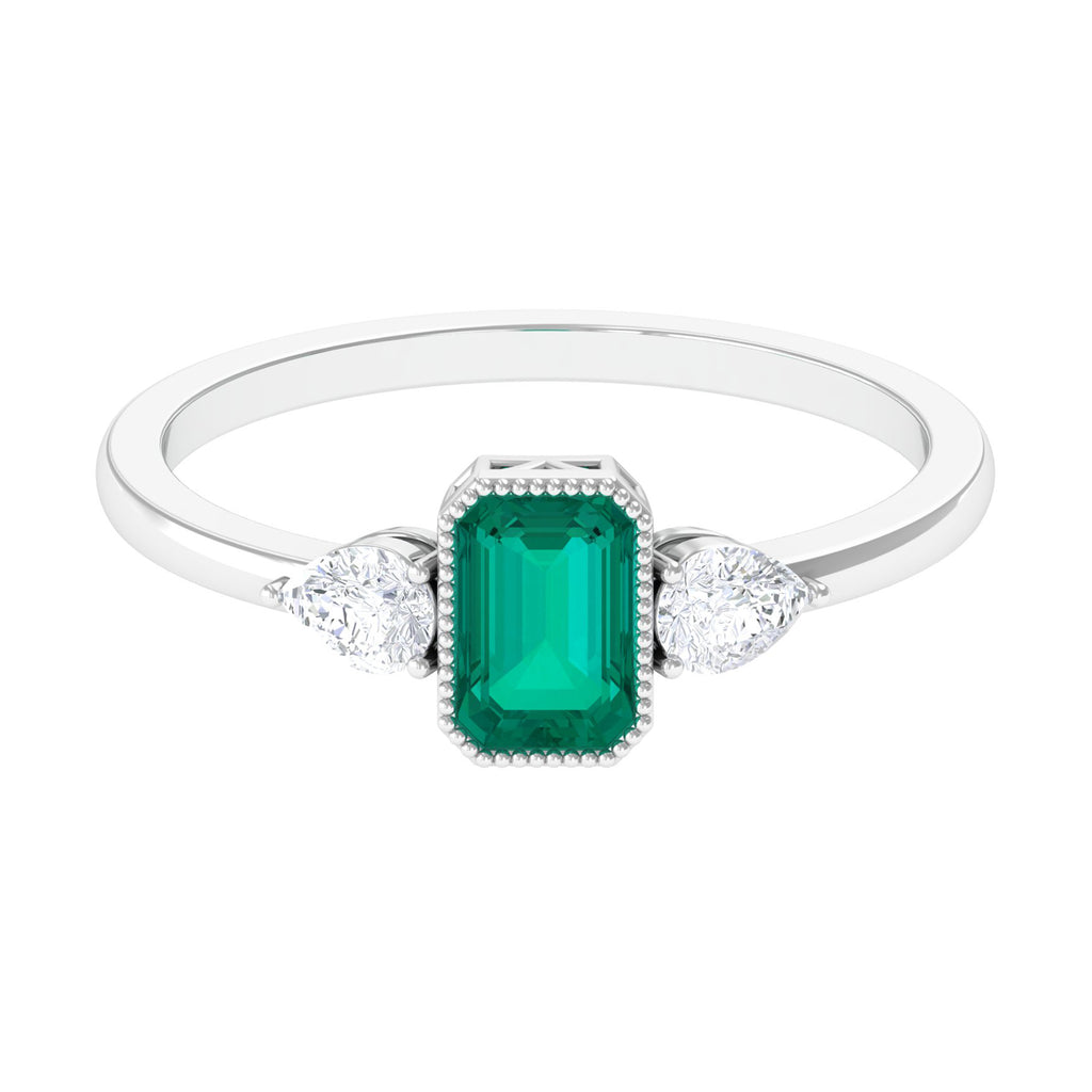 Octagon shape Emerald and Diamond Three Stone Ring in Bezel Setting Emerald - ( AAA ) - Quality - Rosec Jewels