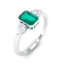Octagon shape Emerald and Diamond Three Stone Ring in Bezel Setting Emerald - ( AAA ) - Quality - Rosec Jewels
