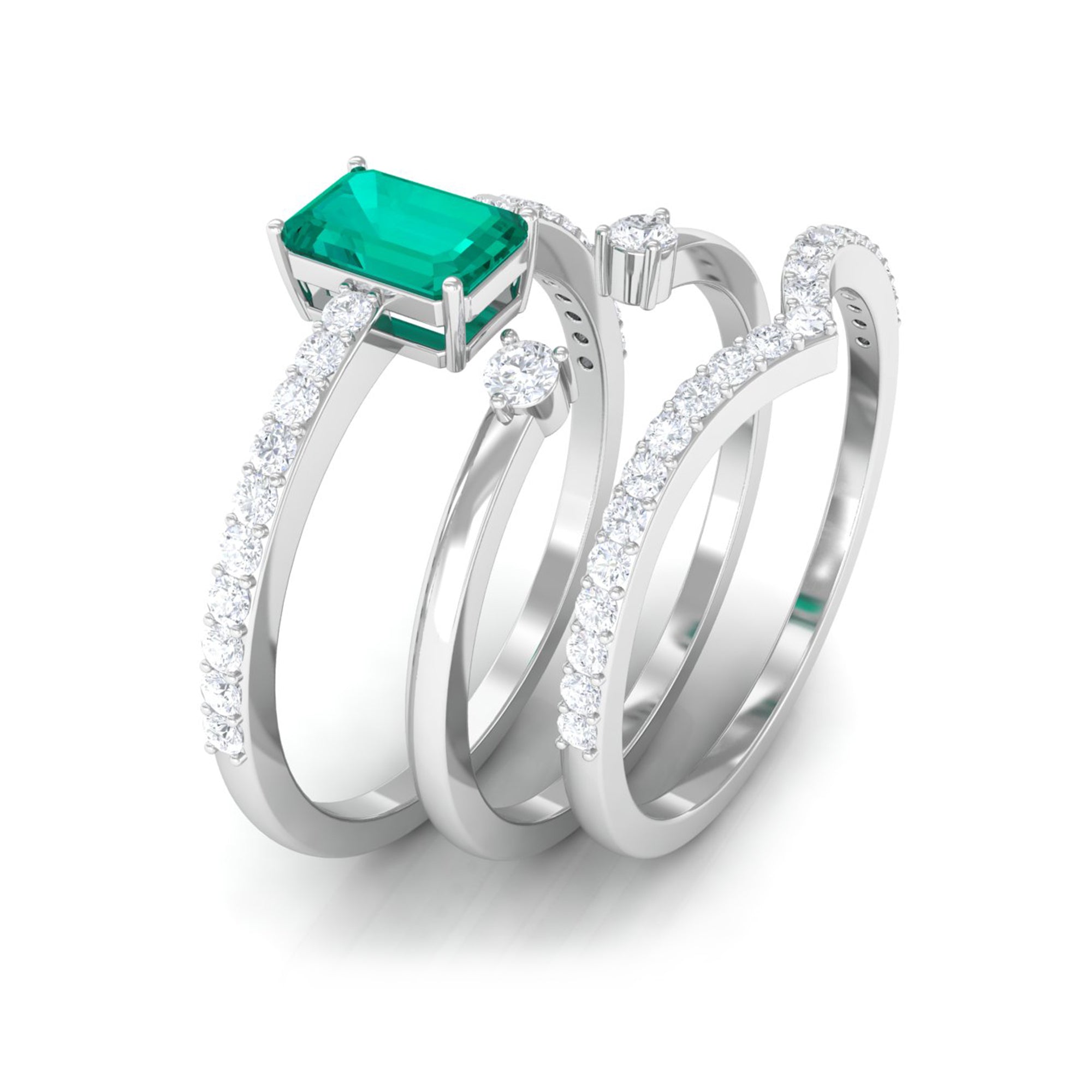 1.50 CT Octagon shape Emerald Solitaire Ring Set of 3 with Diamond Emerald - ( AAA ) - Quality - Rosec Jewels