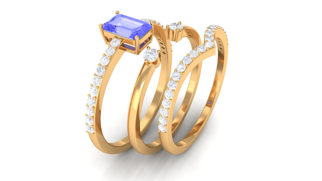Emerald Cut Tanzanite Stackable Ring Set of 3 with Diamond Band Tanzanite - ( AAA ) - Quality - Rosec Jewels