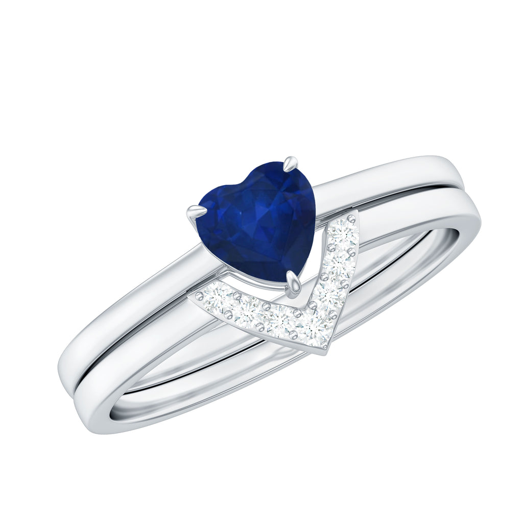 3/4 CT Heart Shape Blue Sapphire Solitaire Ring Set with Diamond Chevron Band Blue Sapphire - ( AAA ) - Quality - Rosec Jewels