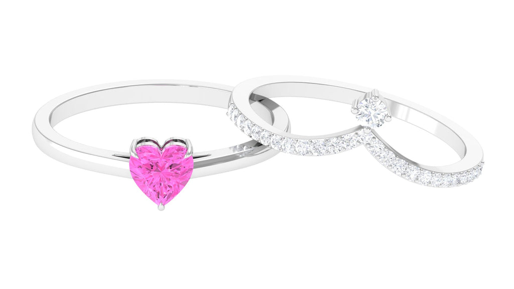 Heart Shape Pink Sapphire Stackable Ring Set with Diamond Pink Sapphire - ( AAA ) - Quality - Rosec Jewels