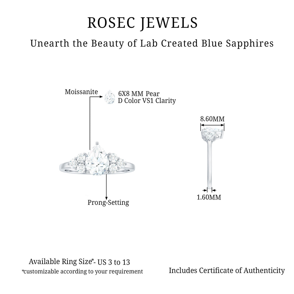 1.75 Carat Moissanite Pear Solitaire Engagement Ring with Trio Moissanite - ( D-VS1 ) - Color and Clarity - Rosec Jewels