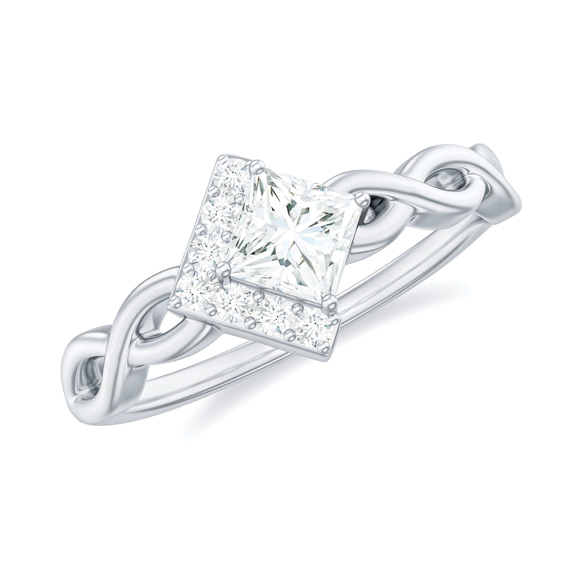 Princess Moissanite Half Halo Promise Ring in Crossover Shank Moissanite - ( D-VS1 ) - Color and Clarity - Rosec Jewels