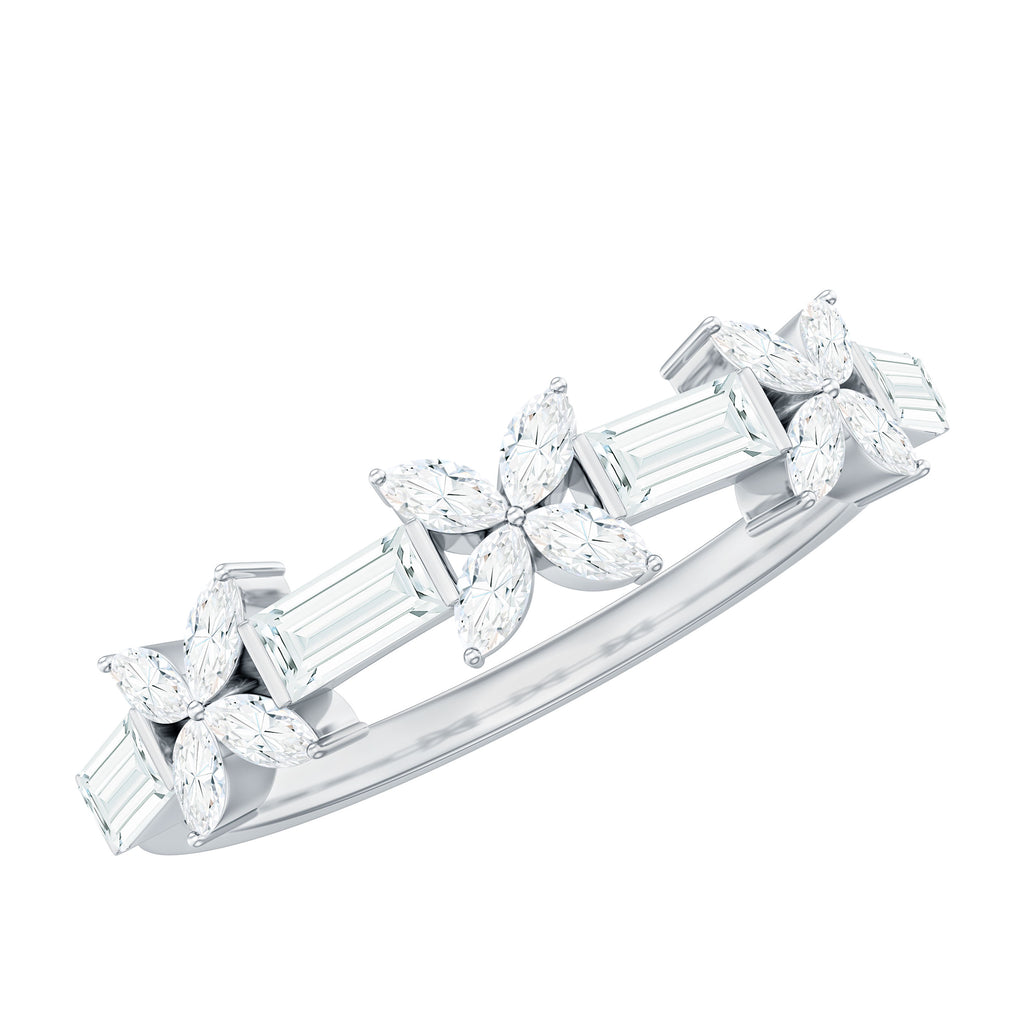 Marquise and Baguette Cut Simulated Diamond Flower Half Eternity Ring Zircon - ( AAAA ) - Quality - Rosec Jewels