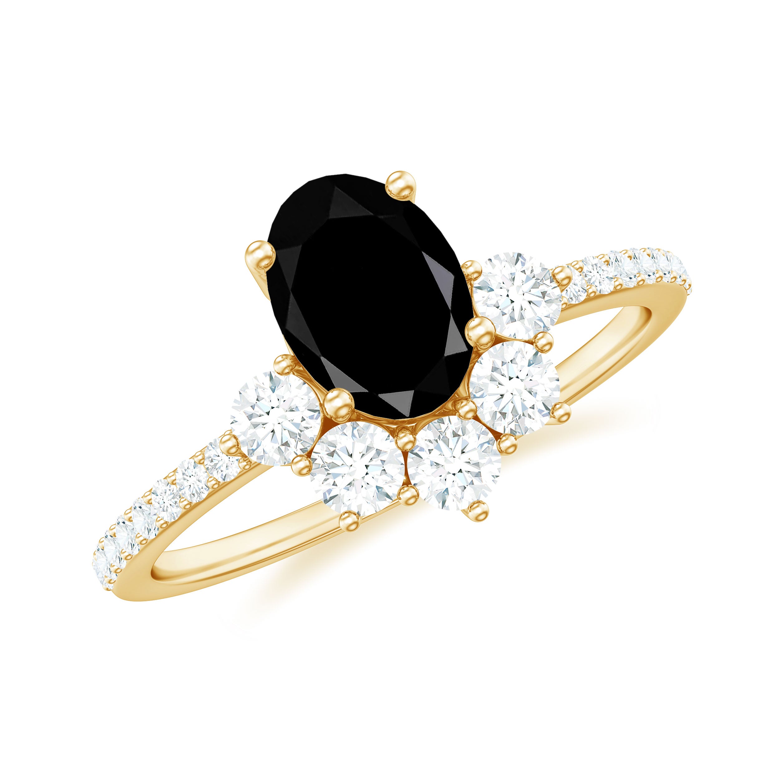 Oval Black Onyx Designer Ring with Diamond Half Halo Black Onyx - ( AAA ) - Quality - Rosec Jewels