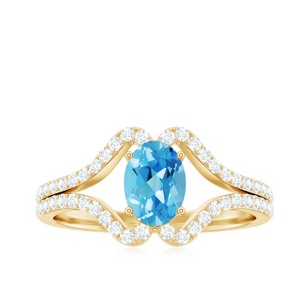 Oval Cut Swiss Blue Topaz and Diamond Ring with Split Shank Swiss Blue Topaz - ( AAA ) - Quality - Rosec Jewels