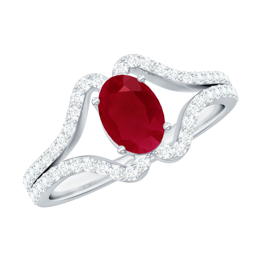 Oval Ruby Minimal Split Shank Ring with Diamond Ruby - ( AAA ) - Quality - Rosec Jewels