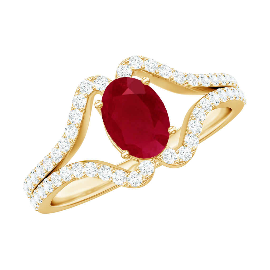 Oval Ruby Minimal Split Shank Ring with Diamond Ruby - ( AAA ) - Quality - Rosec Jewels