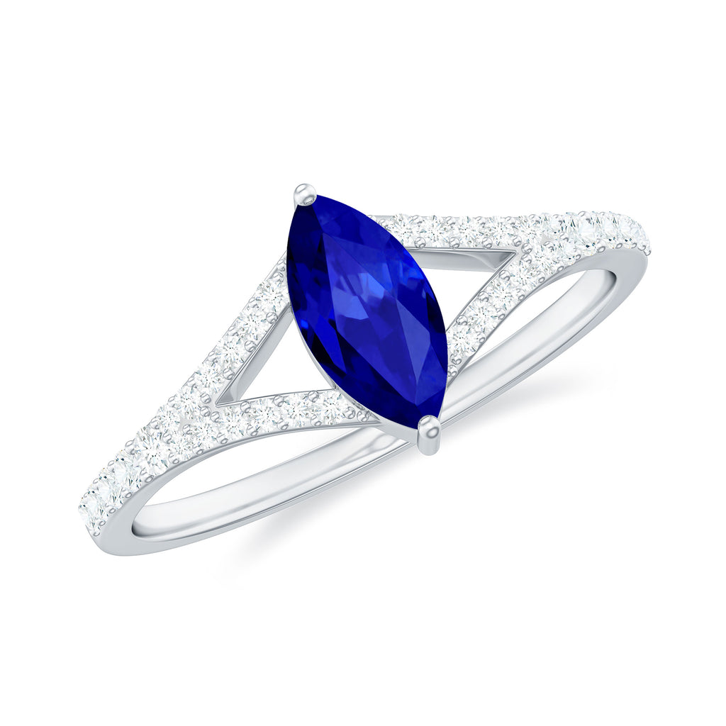 Marquise Cut Created Blue Sapphire and Diamond Ring with Split Shank Lab Created Blue Sapphire - ( AAAA ) - Quality - Rosec Jewels