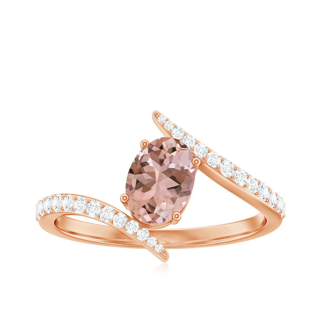 Oval Morganite Solitaire Bypass Ring with Diamond Morganite - ( AAA ) - Quality - Rosec Jewels