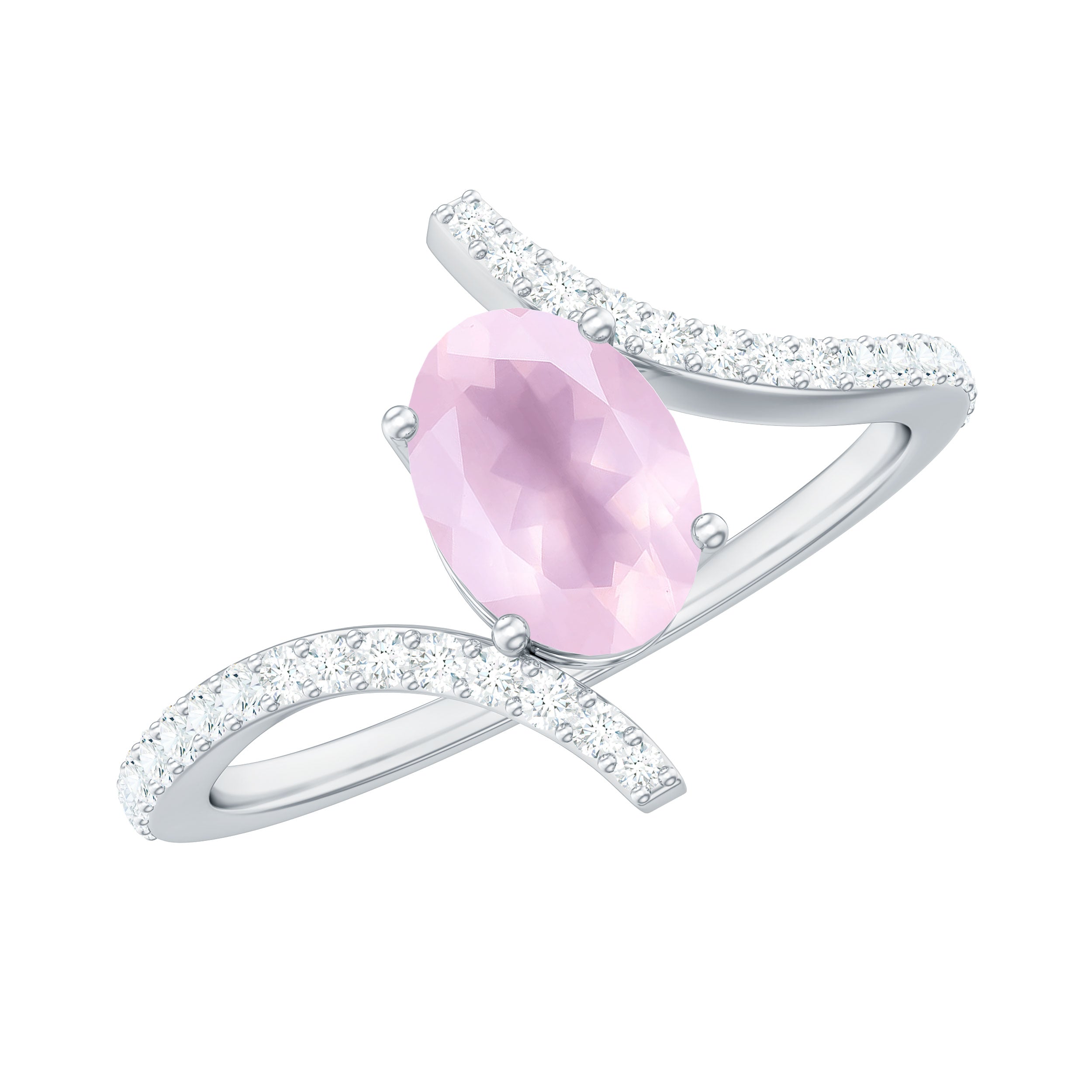 Oval Rose Quartz Solitaire Bypass Engagement Ring with Diamond Rose Quartz - ( AAA ) - Quality - Rosec Jewels