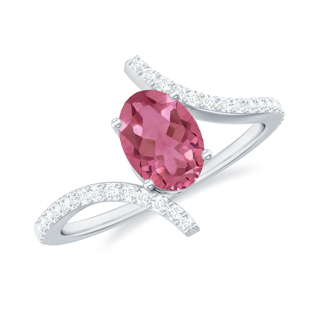 Oval Pink Tourmaline Solitaire Bypass Ring with Diamond Pink Tourmaline - ( AAA ) - Quality - Rosec Jewels