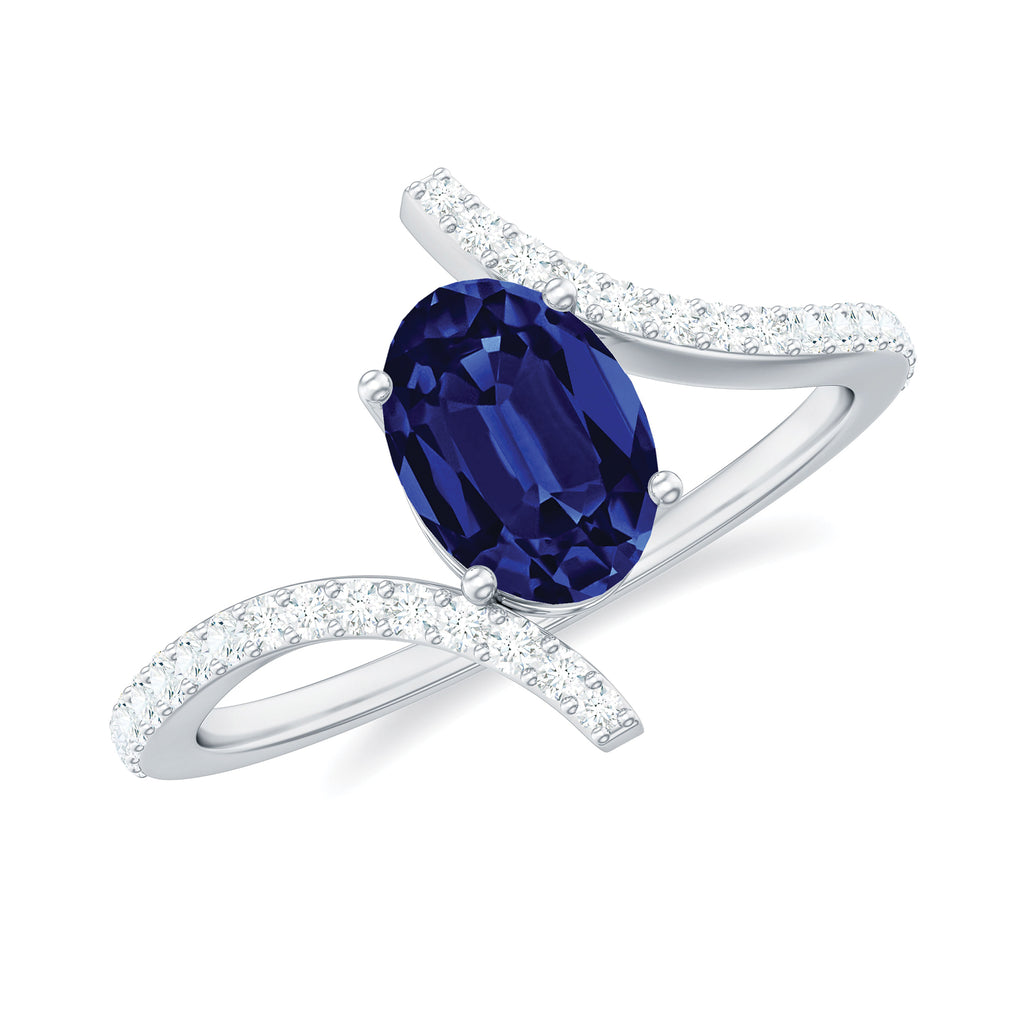 Oval Created Blue Sapphire Solitaire Bypass Engagement Ring with Diamond Lab Created Blue Sapphire - ( AAAA ) - Quality - Rosec Jewels