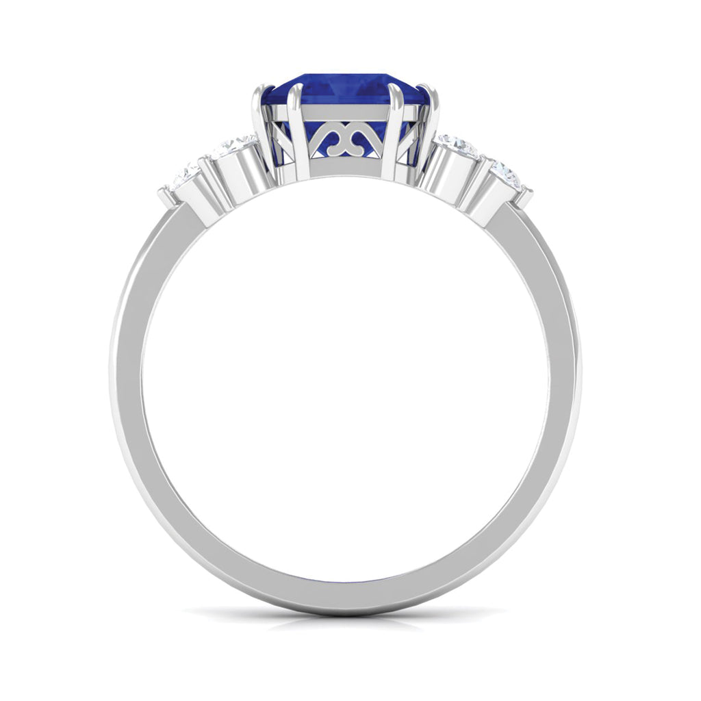 Asscher Cut Created Blue Sapphire Solitaire Engagement Ring with Diamond Trio Lab Created Blue Sapphire - ( AAAA ) - Quality - Rosec Jewels