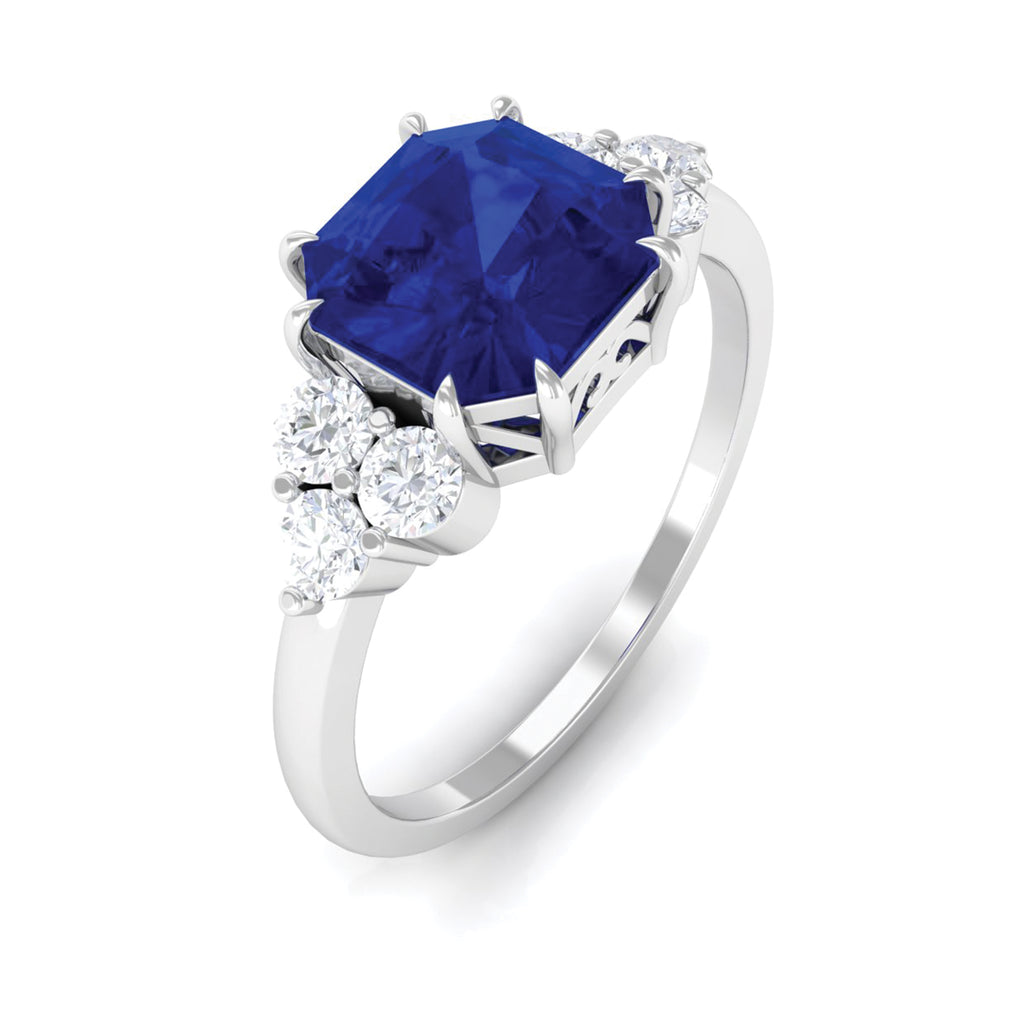 Asscher Cut Created Blue Sapphire Solitaire Engagement Ring with Diamond Trio Lab Created Blue Sapphire - ( AAAA ) - Quality - Rosec Jewels