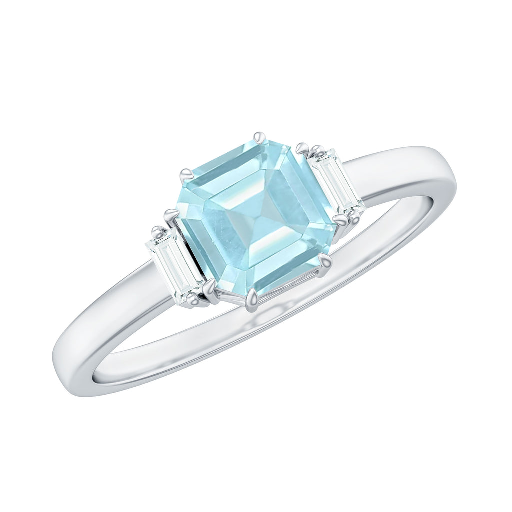 Claw Set Asscher Cut Sky Blue Topaz Solitaire Engagement Ring with Diamond Sky Blue Topaz - ( AAA ) - Quality - Rosec Jewels