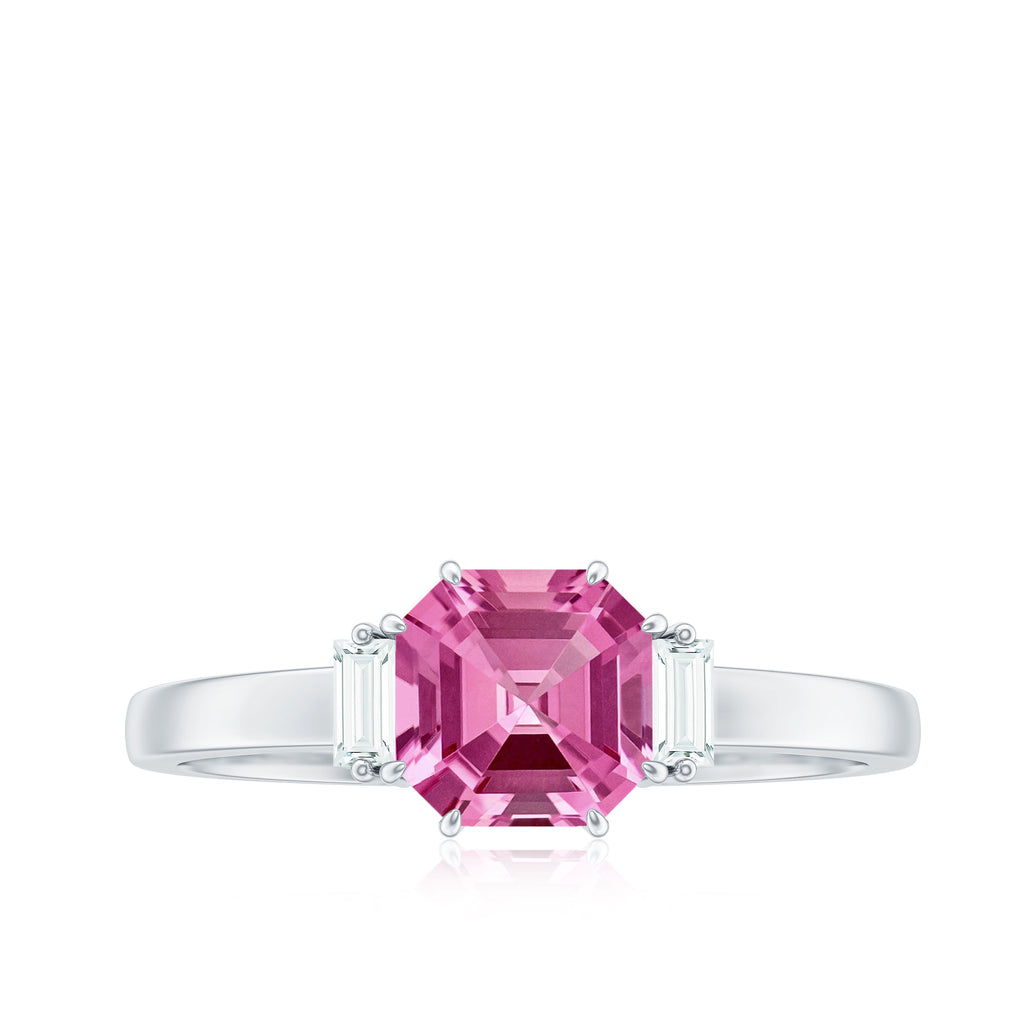 Asscher Cut Pink Tourmaline Solitaire Ring with Diamond Pink Tourmaline - ( AAA ) - Quality - Rosec Jewels