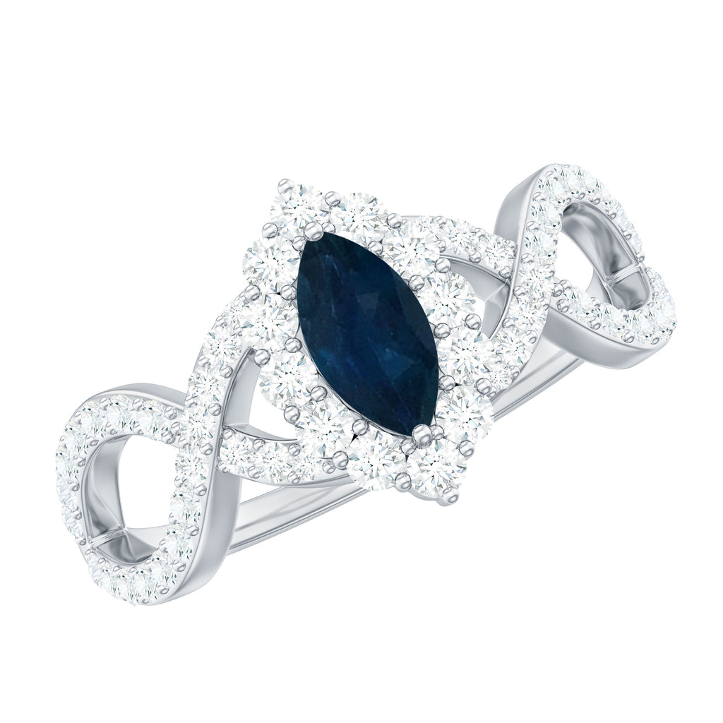 Marquise Blue Sapphire Crossover Engagement Ring with Diamond Halo Blue Sapphire - ( AAA ) - Quality - Rosec Jewels