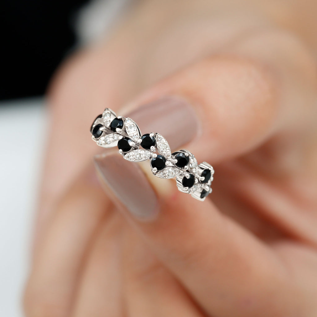 Created Black Diamond and Diamond Leaf Eternity Ring Lab Created Black Diamond - ( AAAA ) - Quality - Rosec Jewels