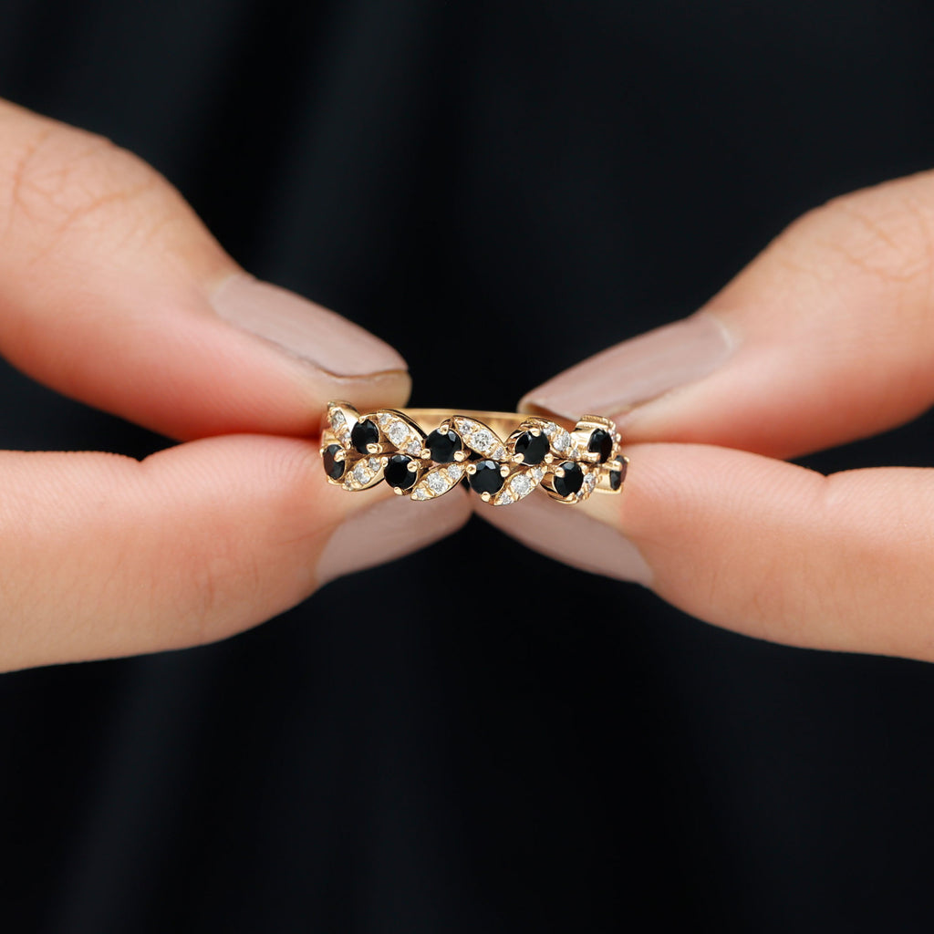 Created Black Diamond and Diamond Leaf Eternity Ring Lab Created Black Diamond - ( AAAA ) - Quality - Rosec Jewels