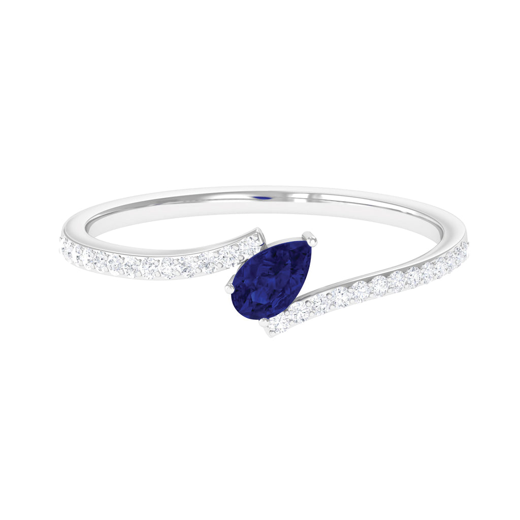 Tilted Pear Shape Created Blue Sapphire and Diamond Bypass Promise Ring Lab Created Blue Sapphire - ( AAAA ) - Quality - Rosec Jewels