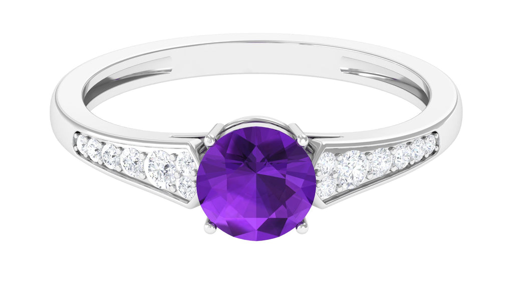 Real Amethyst Solitaire Ring with Diamond Side Stones Amethyst - ( AAA ) - Quality - Rosec Jewels