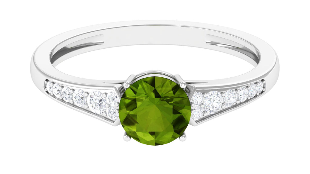 Round Peridot Solitaire Ring with Diamond Side Stones Peridot - ( AAA ) - Quality - Rosec Jewels